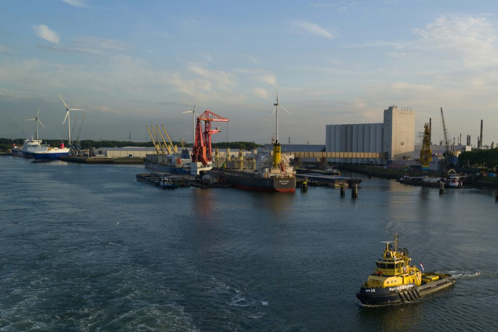 Port with grain elevators and cranes