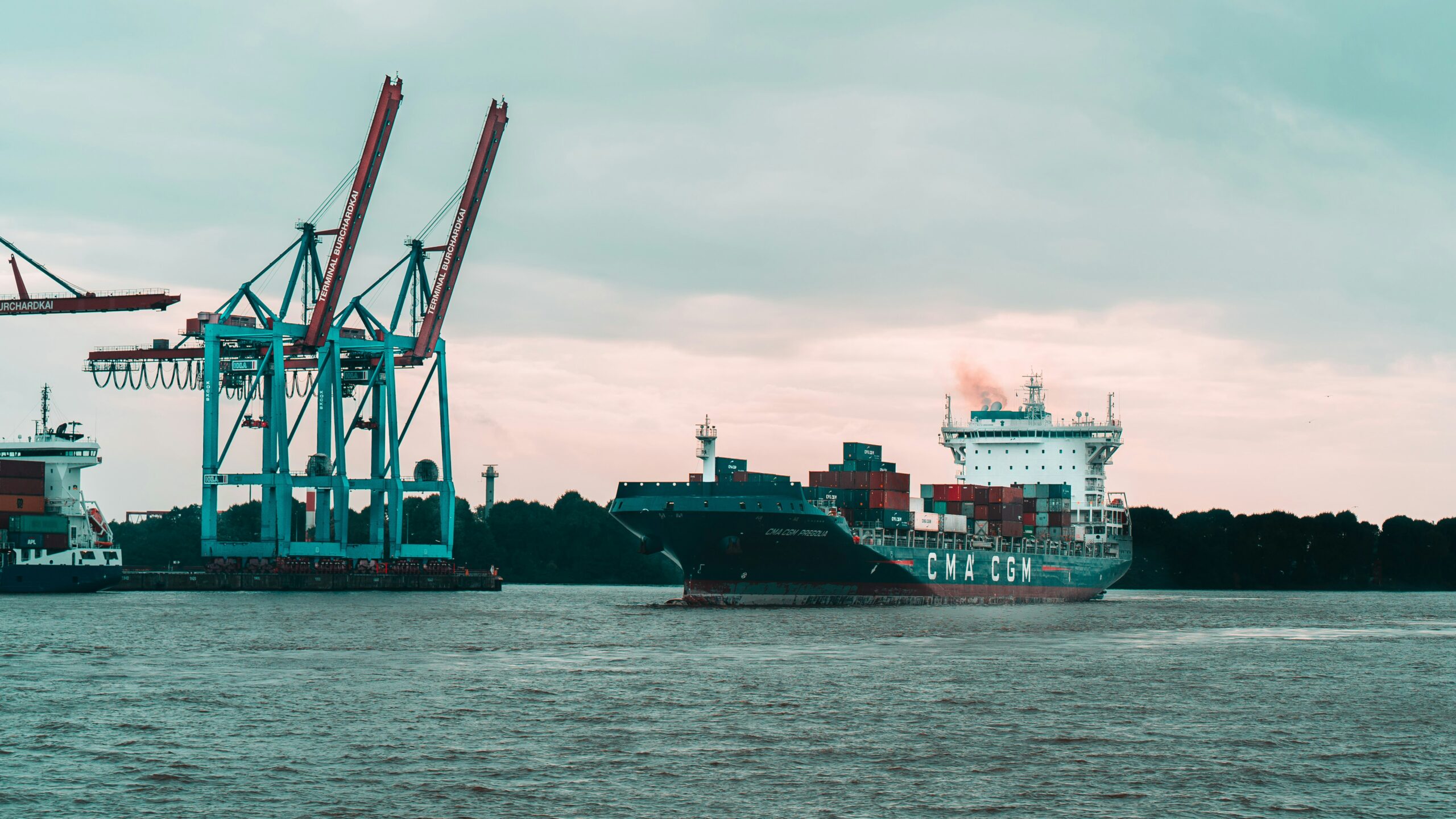 Container ship at anchor in commercial port