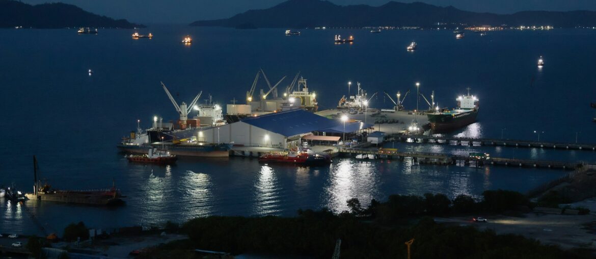 Ships docked at an industrial port at night