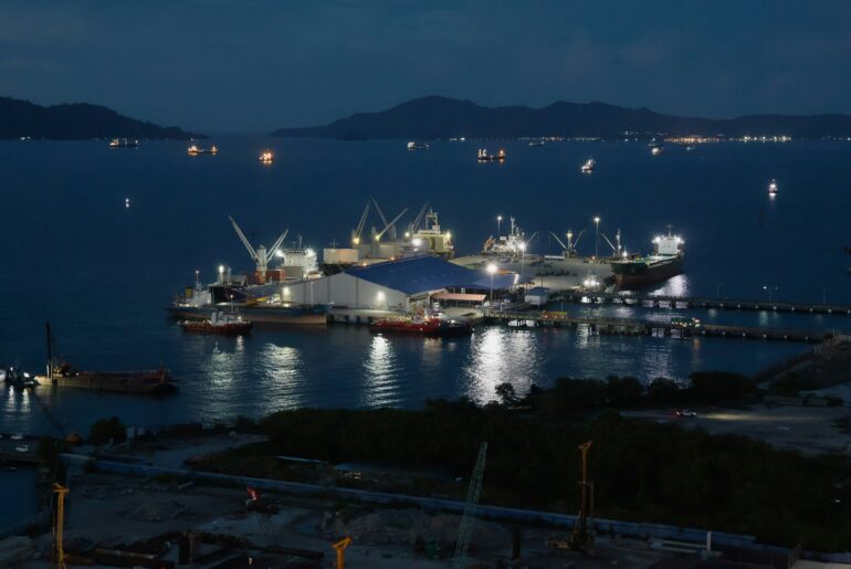 Ships docked at an industrial port at night