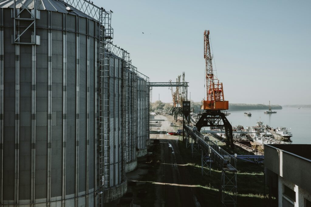 Industrial oil storage tanks at port terminal