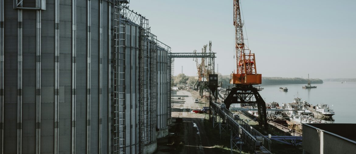 Industrial oil storage tanks at port terminal