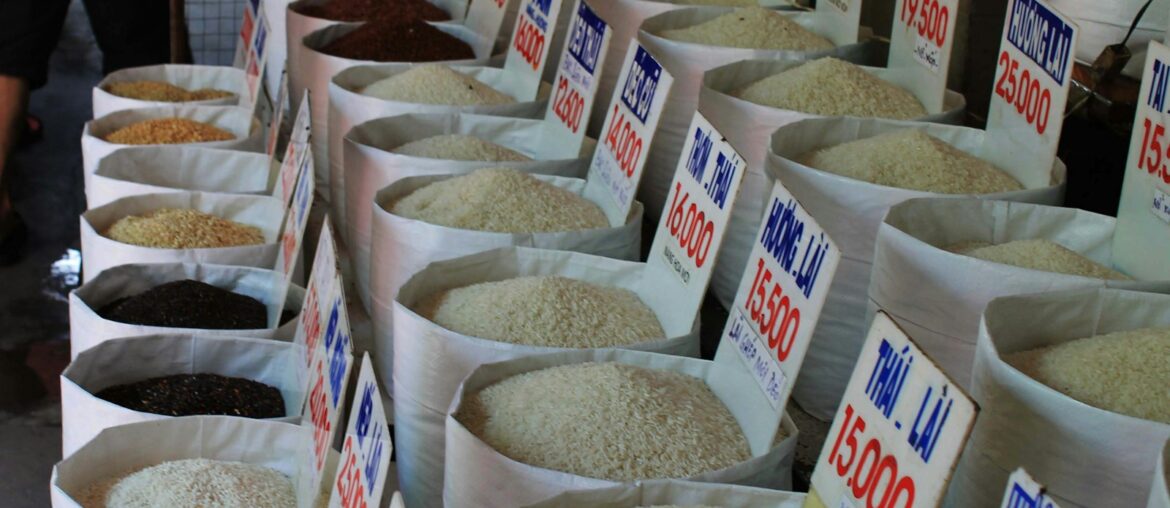 Sacks of rice at a market, illustrating the international rice trade